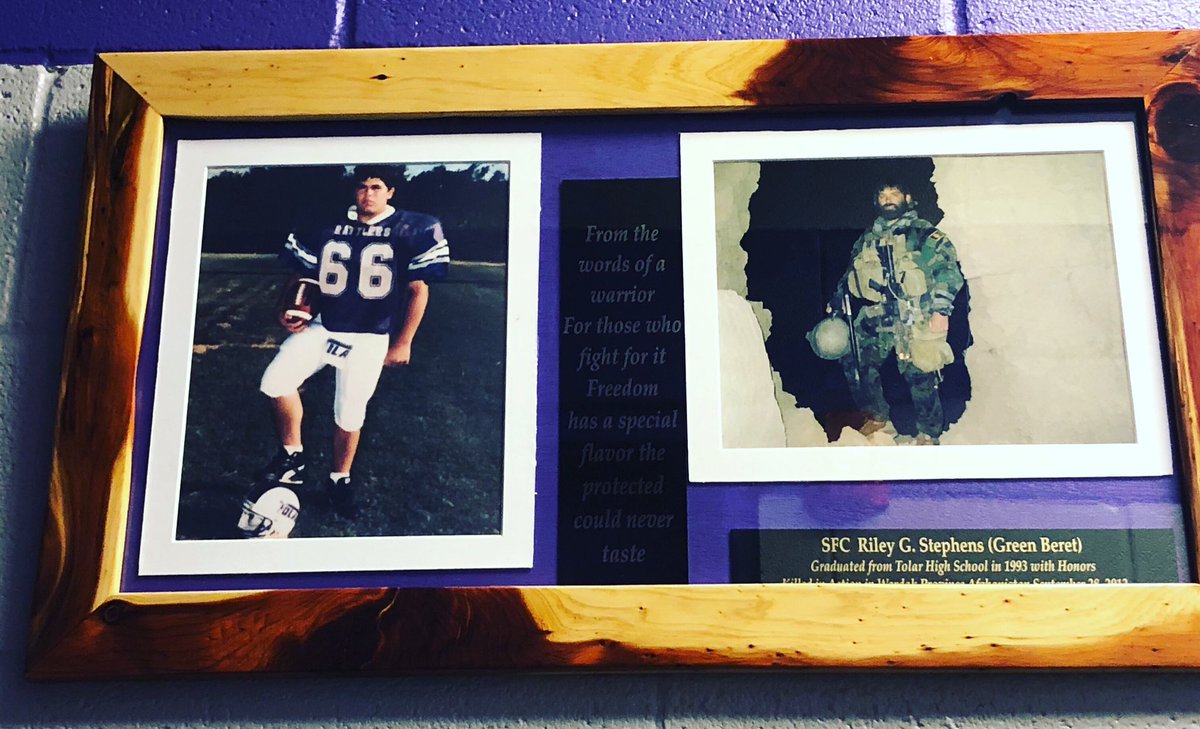TolarRattlerFB's tweet photo. Thank you to those who make this The Land of the Free! This picture hangs in our Fieldhouse hallway to serve as a daily reminder that we should be grateful for each day we have on this Earth! Thank you Riley and to all of those who gave it all. https://t.co/TiPapYmmDE