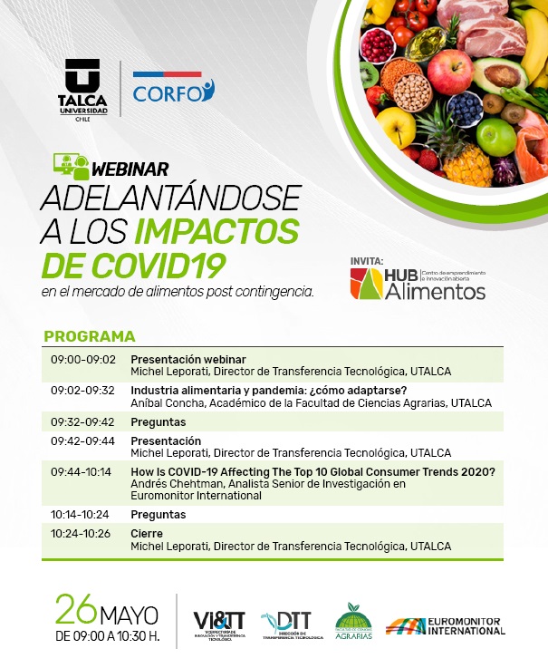 cet_thinkagro's tweet photo. ¿Conoces el impacto del #coronavirus en la industria de #alimentos envasados? 🍫🥫 Participa el 26 de mayo junto a expertos de la Facultad de Ciencias Agrarias 
@UTalca  y @Euromonitor en el webinar del 
@HubAlimentos apoyado por @Corfo
📲 Inscríbete Computadora personal https://t.co/cw8KuuWmdY