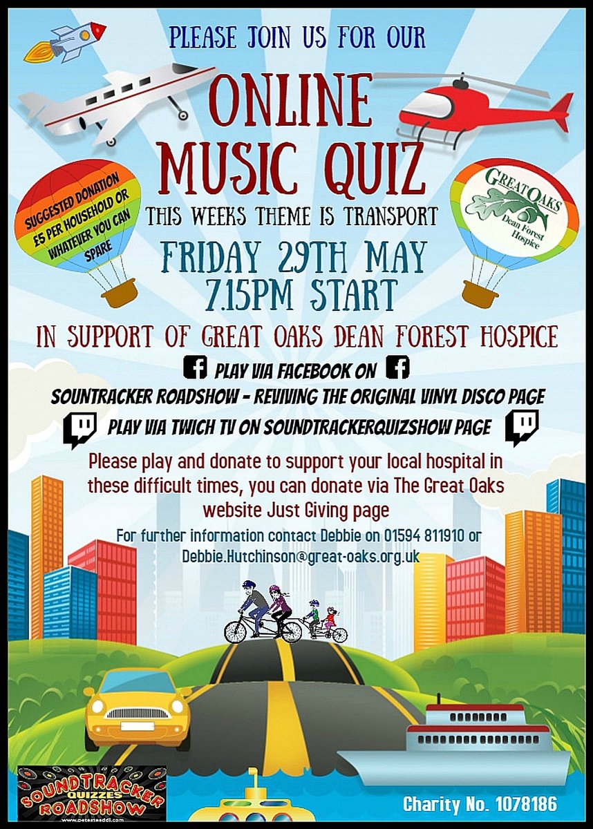 GreatOaksHosp's tweet photo. #Weekly #Friday #Online  #Themed #Music #Quiz #Challenge #Facebook #WatchParty #Twitch.tv
#MusicClips #Artists #NameTheSong 
@petesteaddj @ForestofDeanNet @theforestofdean @GlosLiveOnline @glosinfo @GlosBiz @GlosBloggers 

#Hospice #Charity #Fundraising #StayAtHome #Entertainment https://t.co/LFeTyudLqS