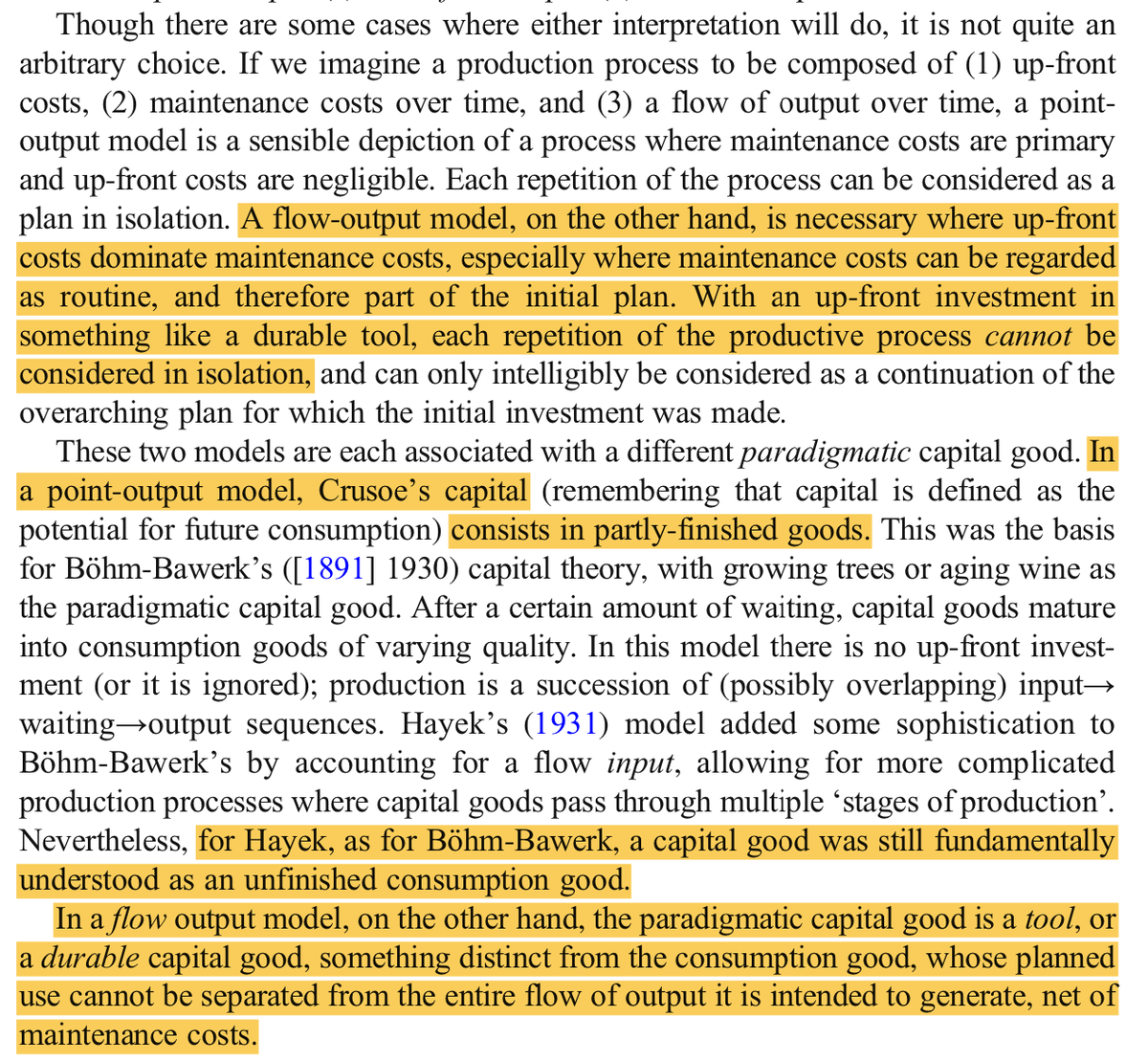 If you imagine production plans as being for *particular items*, you're stuck with a view where capital=goods-in-progress and labor is the only input.To make sense of tools (durable capital) as inputs, you have to imagine people planning to produce *flows* of output.