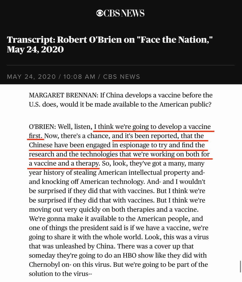 Interesting to hear some US official talking about the story of vaccine. Is this the normal logic that if anyone has something better than mine, then it must be stolen from me? Remember, China has 5000 years of history while the US has less than 250.