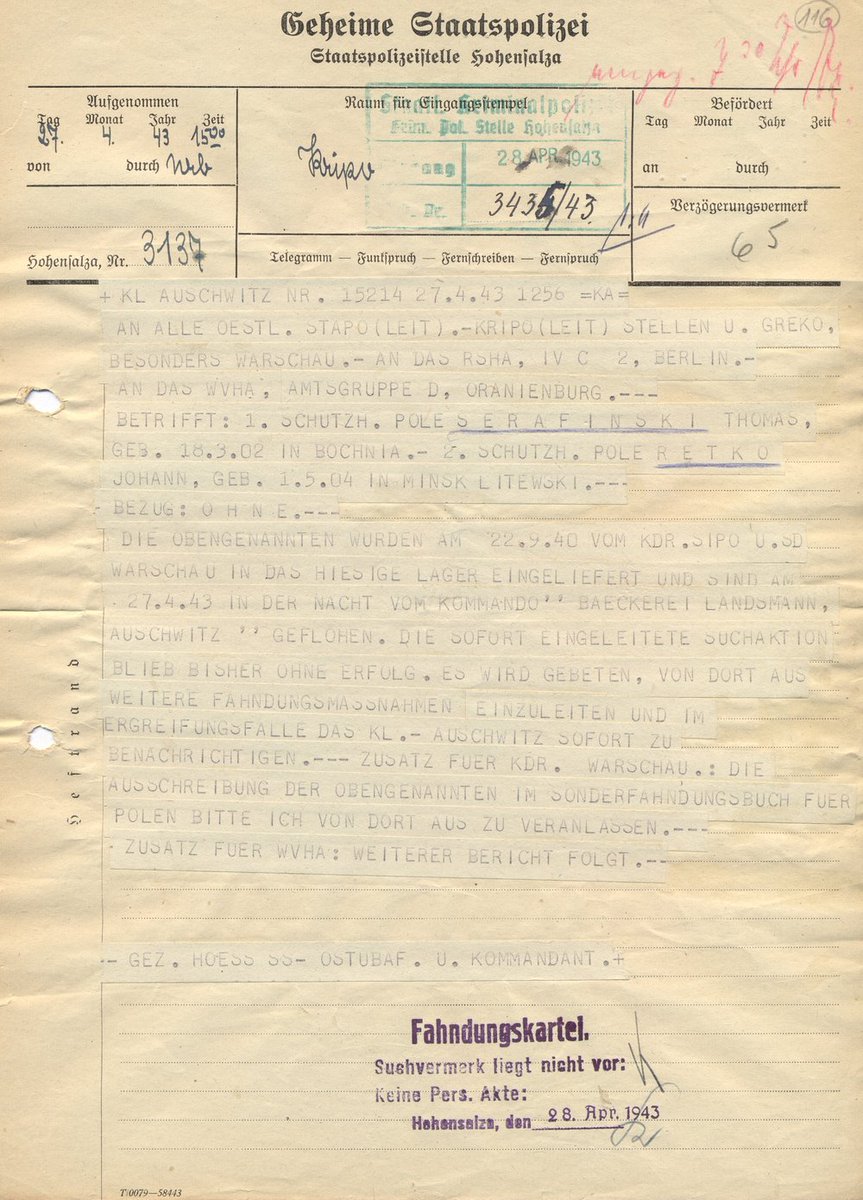 ... and the establishment of the Zigeunerlager (Gypsy camp) for Sini & Roma prisoners.Photo: A telegram sent from the camp at 15:00 on 27 April 1943 reporting the escape.