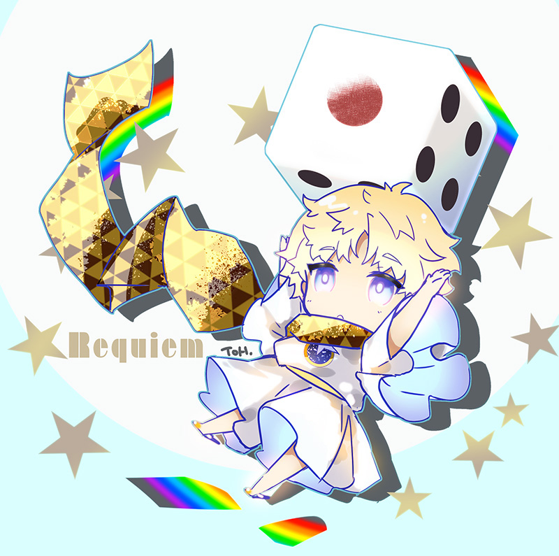 1boy male focus blonde hair baggy clothes dice bright pupils yellow scarf  illustration images