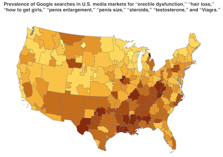 Support for Trump was higher in areas that had more searches for “erectile dysfunction.” This relationship persisted after accounting for demographic attributes in media markets, such as education levels & racial composition, as well as searches for topics unrelated
