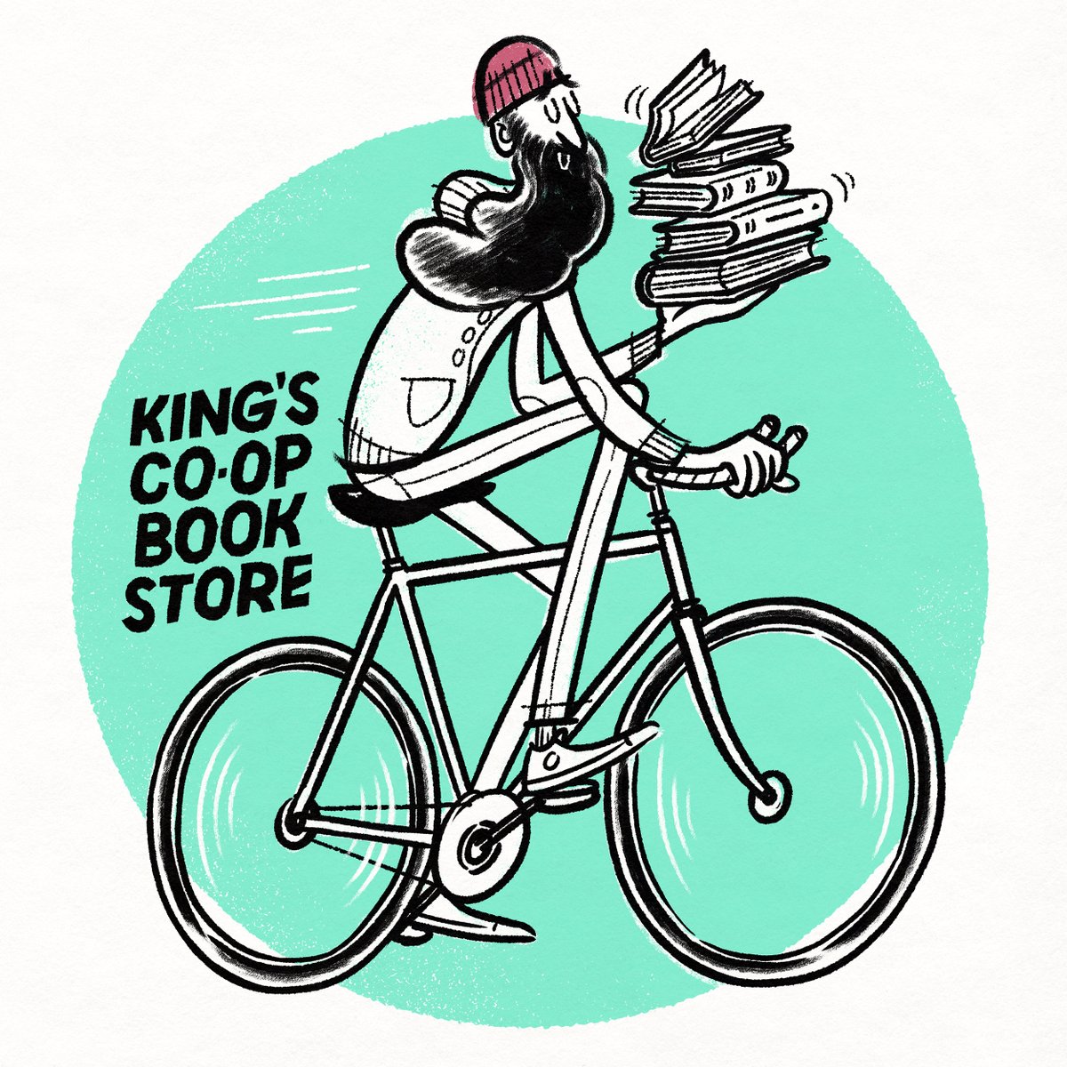kingsbookstore's tweet image. how about this new delivery logo? soon to be on stickers, totebags, posters, and more! artwork done by the magnificent @paulghammond. let's see how far I can bike across the internet, retweet for a chance at a $50 gift card for BOOKS!