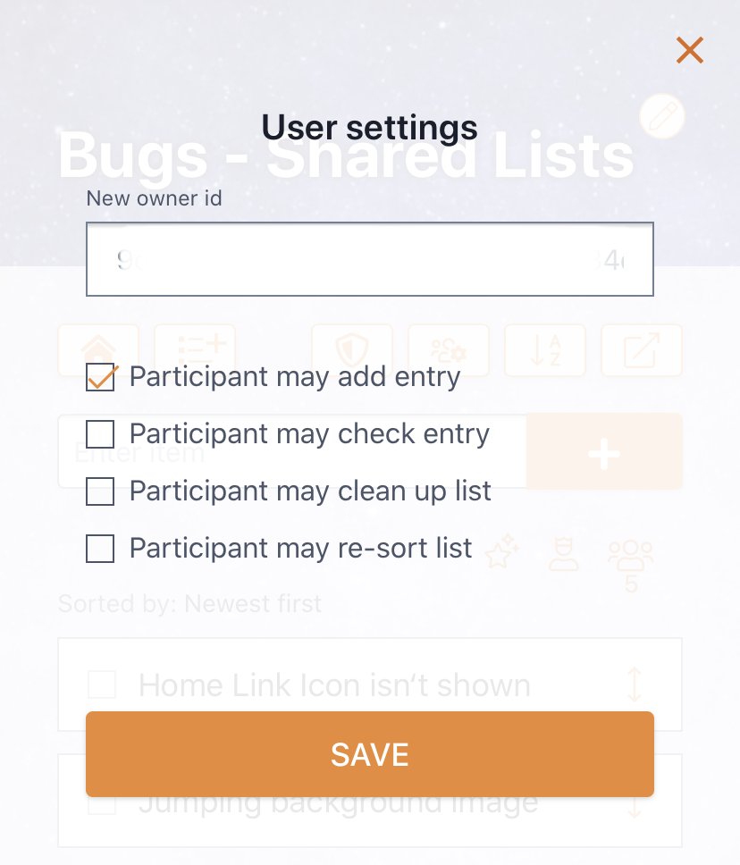 ListsShared's tweet image. We just released a new pro feature for SharedLists. As an owner of a pro list you can now decide what the participants are allowed to do. Things you can limit are adding items, checking items, clear the list and sort the list in any combination. #sharedlists #share