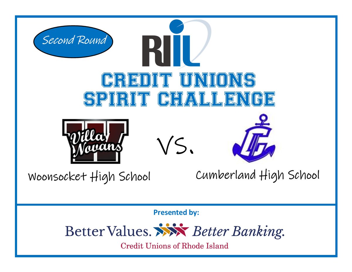 Our 1st pairing in the 2nd Round of the Credit Unions Spirit Challenge . . .Woonsocket H.S. vs. Cumberland H.S.Vote in the Tweet below.  #RIILCUSPIRITCHALLENGE  #SecondRound @NavigantCU @NFHS_Org @wednovans @GoBlueClippers