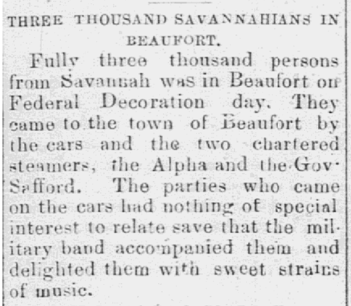 A black writer from neighboring Savannah highlighted that at its core Decoration Day was a community event. Lovers could lock eyes, gamblers could lay action on a boat race, soldiers would parade; and, if you weren't careful, you could be relieved of your wallet