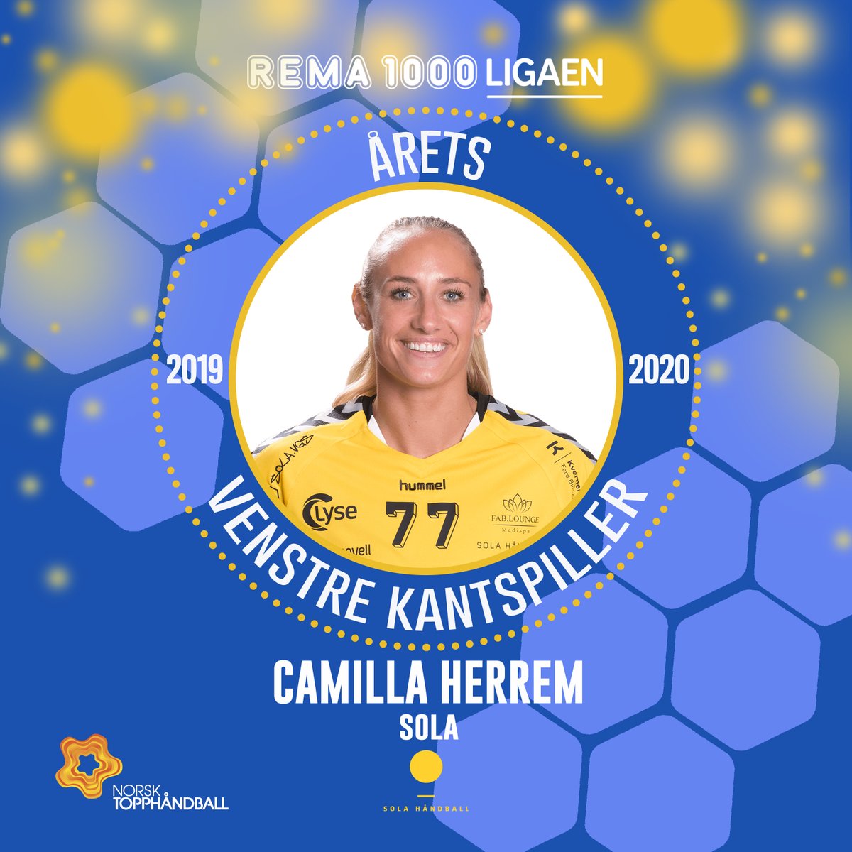 🤾‍♀️ <a href="/CamillaHerrem/">Camilla Herrem</a>  - Årets venstrekant i REMA 1000-ligaen kvinner🤾‍♀️
Spillerne i REMA 1000-ligaen har stemt. De hadde 14 kandidater å stemme på og Camilla ble vinneren med 32,4% av stemmene!  🏆 🤩  Norsk Topphåndball gratulerer! <a href="/Sola_hk/">Sola Håndball</a>  topphandball.no/artikkel/arets…