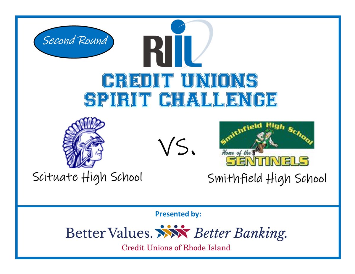 SECOND ROUND, Credit Unions Spirit ChallengeScituate H.S. vs. Smithfield H.S.Vote in the Tweet below.  #RIILCUSPIRITCHALLENGE  #SecondRound @NavigantCU @NFHS_Org @SpartanPrideRI @SportsSentinels