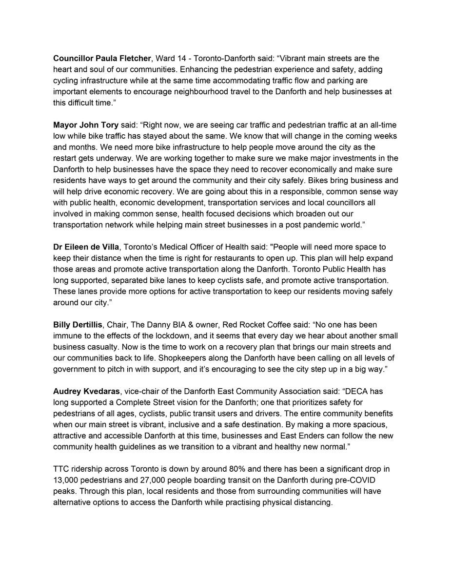 The 30+ year wait is over! We’re getting a bike lane pilot on Danforth this summer as well as more pedestrian space, patio space &amp; public realm improvements. A $4M investment to support economic recovery, road safety and resilience. Thank you @johntory <a href="/PaulaFletcherTO/">Paula Fletcher</a>