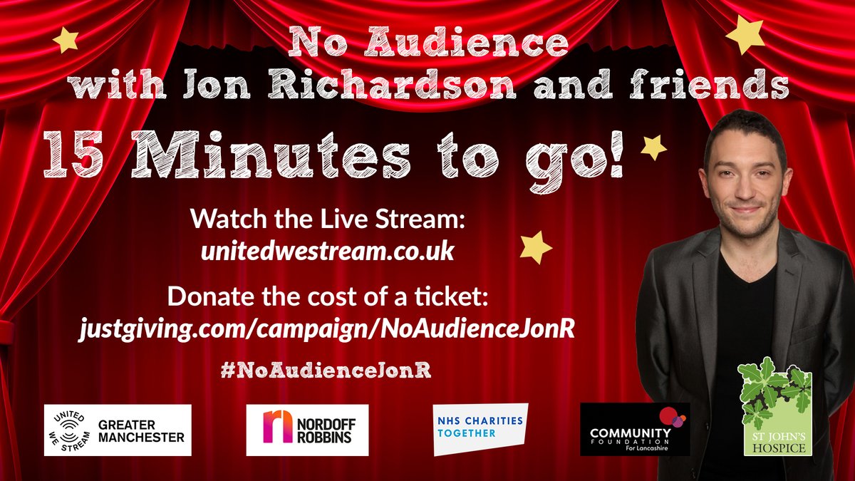 SJHospice's tweet photo. ONLY 15 MINUTES TO GO before @NoAudienceJonR!
Donate the cost of your tickets to these great charities at: https://t.co/uXZfNHFyIB
Watch the live stream at: https://t.co/bTG1NLdBTC
Join @RonJichardson @jackwhitehall @joshwiddicombe @KimCattrall and many more! 💚 https://t.co/XYFZgM0fi7