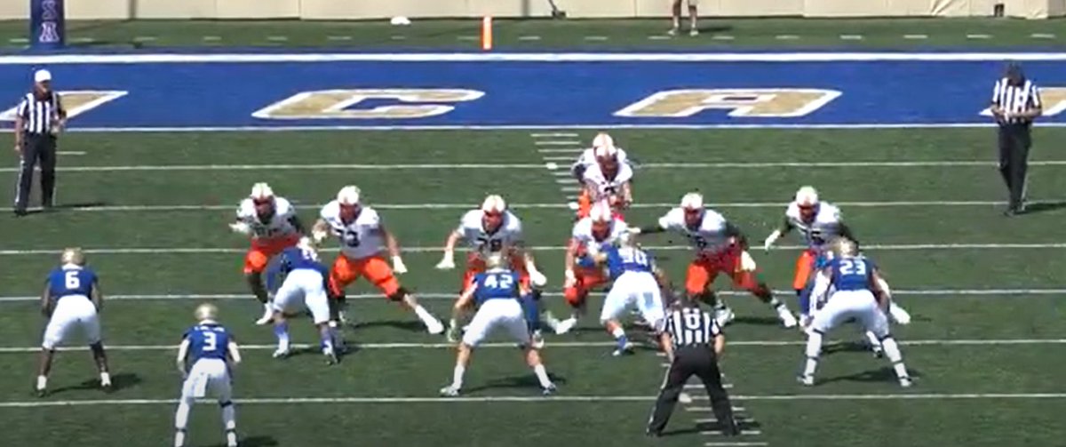Something that stands out here is the quickness and cohesion as a unit. Here is the end of the first step, all OL in sync and 2 of the DT's aren't even out of their stance yet. They lacked consistency like this at times throughout the year.