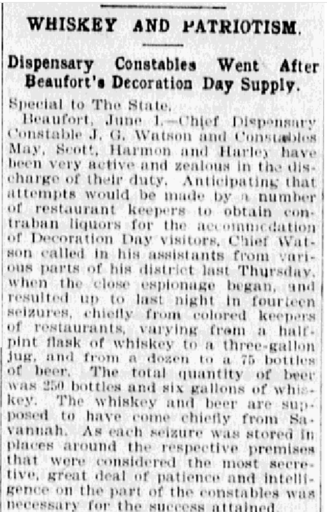 For example, in 1902 local constables sought to crack down on alcohol being sold by black entrepreneurs who were in violation of the state dispensary law, which gave South Carolina's state government a monopoly on all alcohol sales.
