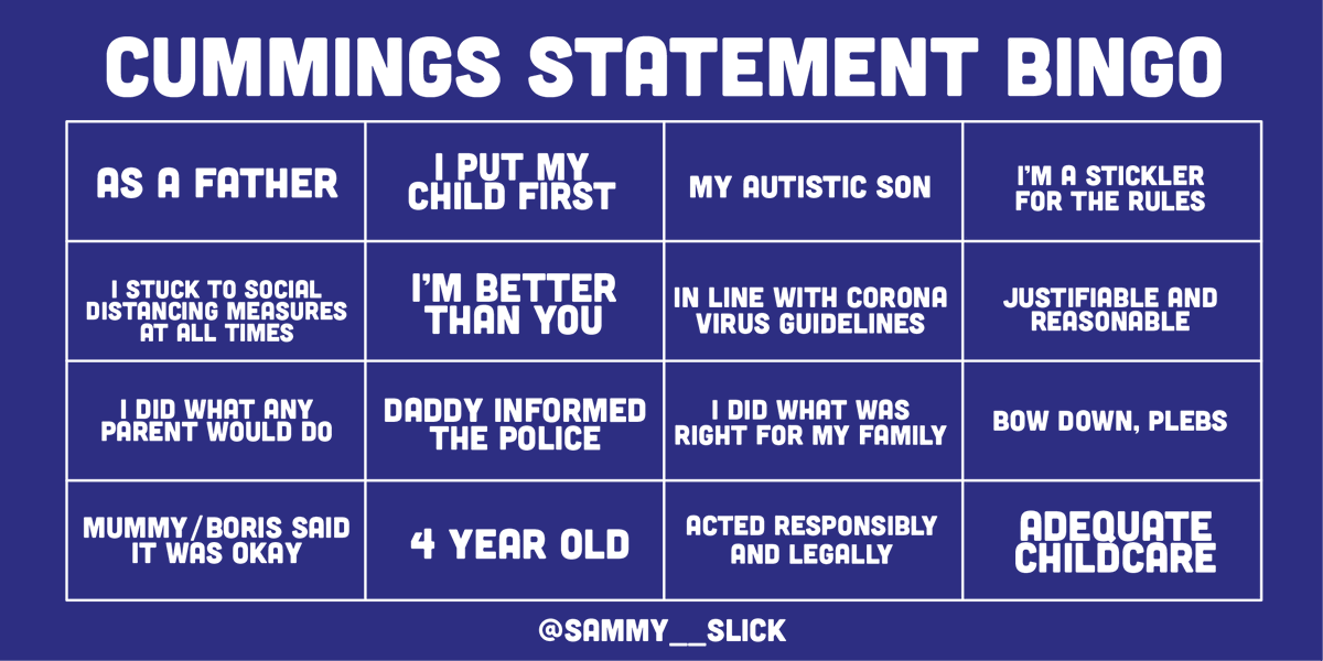 Sammy__Slick's tweet photo. Ready for 4pm, here is Dominic Cummings Bingo!

(Recommended as a drinking game too)

#cumgate #dominiccummimgs #dominiccummings #durham #CumminSoon  #cummingsspeech #cummingsstatement #bingo #rosegarden #booforboris #sackcummings #cummingsout #cummingsmustgo https://t.co/Hqfh2bLdXz