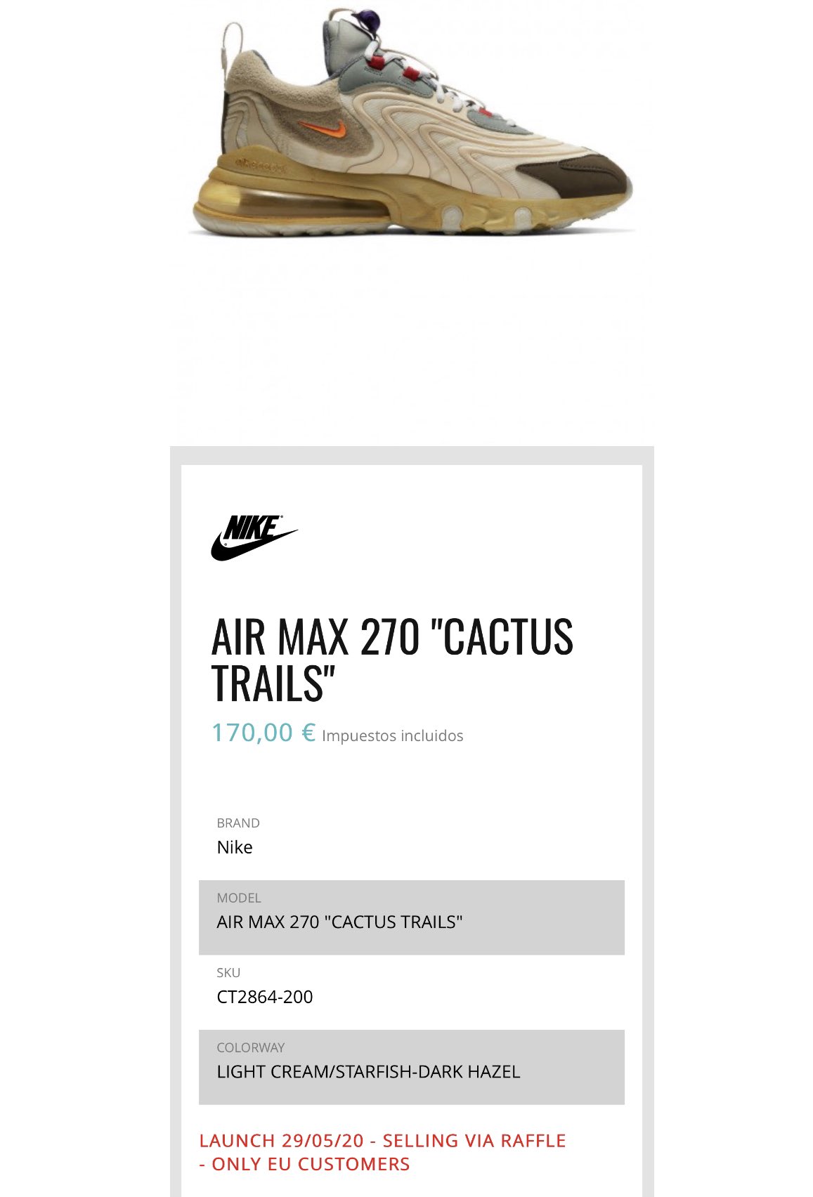 Teórico Acostumbrar Sabio SNKR_TWITR al Twitter: "EU ONLY RAFFLE: Travis Scott x Nike Air Max 270  React ENG 'Cactus Trails' open via Nigramercato https://t.co/wEbY9jzHTx #AD  https://t.co/qgeNtYCI0Y" / Twitter