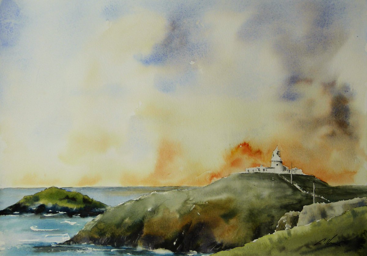 Strumble Head Lighthouse, watercolour. 
Commission painting for a friend, working from their photo.
#watercolour #strumblehead #lighthouse #painting