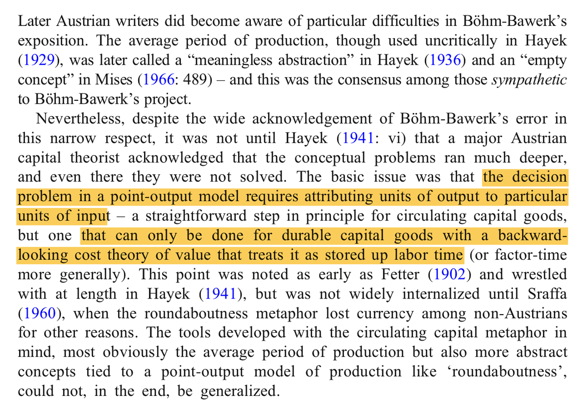 Everyone's admitted for a long time that the average period of production concept doesn't really work. But "roundaboutness", "capital-intensity", and other concepts tied to a point-output model also ultimately depend on an illegitimate cost-theory of value.