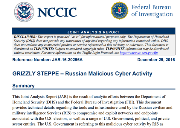 2/ The Dec 29 technical information, which was jointly published by DHS and FBI,  https://www.us-cert.gov/sites/default/files/publications/JAR_16-20296A_GRIZZLY%20STEPPE-2016-1229.pdf, had been expected to settle any and all skepticism by Trump and others of the intel community’s (then merely asserted) attribution of DNC hack to Russian state actors.