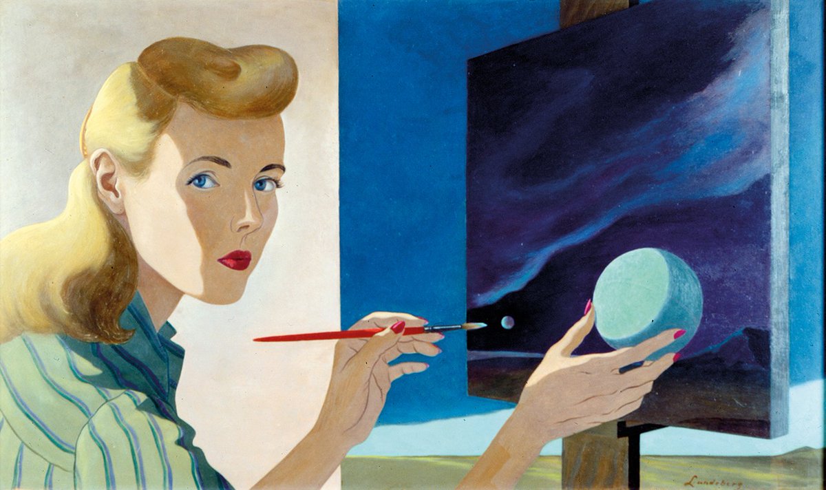 Paintings by American artist Helen Lundeberg, 1940s-60s, who was known for her "post-Surrealist" style that became more abstract as her career progressed. In the 30s she was one of very few women creating art for the WPA in Southern California
