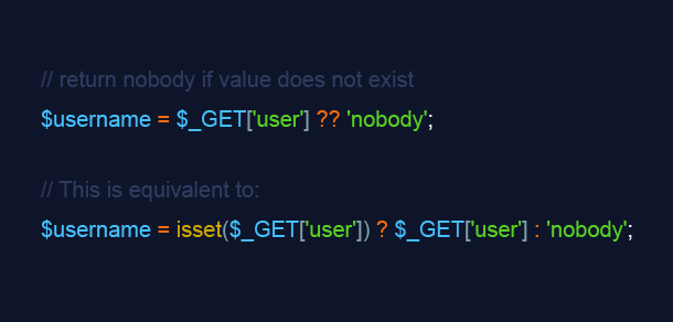 webmechanicx's tweet photo. Another COOL new feature available in PHP 7.4 is a coalesce operator. It’s very helpful when applying a ternary operator together with isset(). #freeCodeCamp,#php7,#php,#phpexpert,#phpengineers,#Laravel,#webdevelopment,#100daysofcode https://t.co/xW0vba06hG