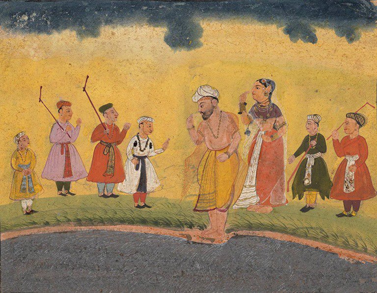 Mughal miniaturist (early 17th c.)- Krishna's Parents Search for Him (c. 1615) Ink and opaque watercolor on paper, 13 x 13 cm.