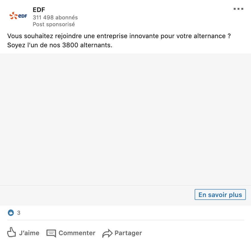 NatachaRouyer's tweet photo. Fail de @EDFofficiel qui sponsorise une publicité blanche ... sans visuel ... sur #LinkedIn 😵 https://t.co/Jzx1qZMTbT