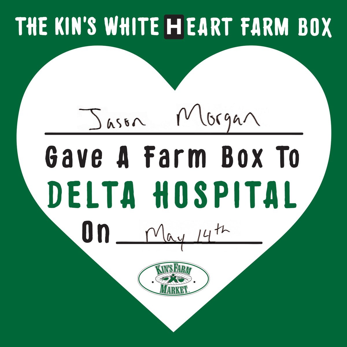 KinsFarmMarket's tweet photo. We'd like to send a HUGE thank you to Jason who so generously donated a #WhiteHeartFarmBox for the #healthcareworkers at #DeltaHospital! Your thoughtfulness is very much appreciated π Also, thank you for visiting our #TsawwassenCommons store! #SouthDelta @DHCHFoundation https://t.co/1LMH6bppbj