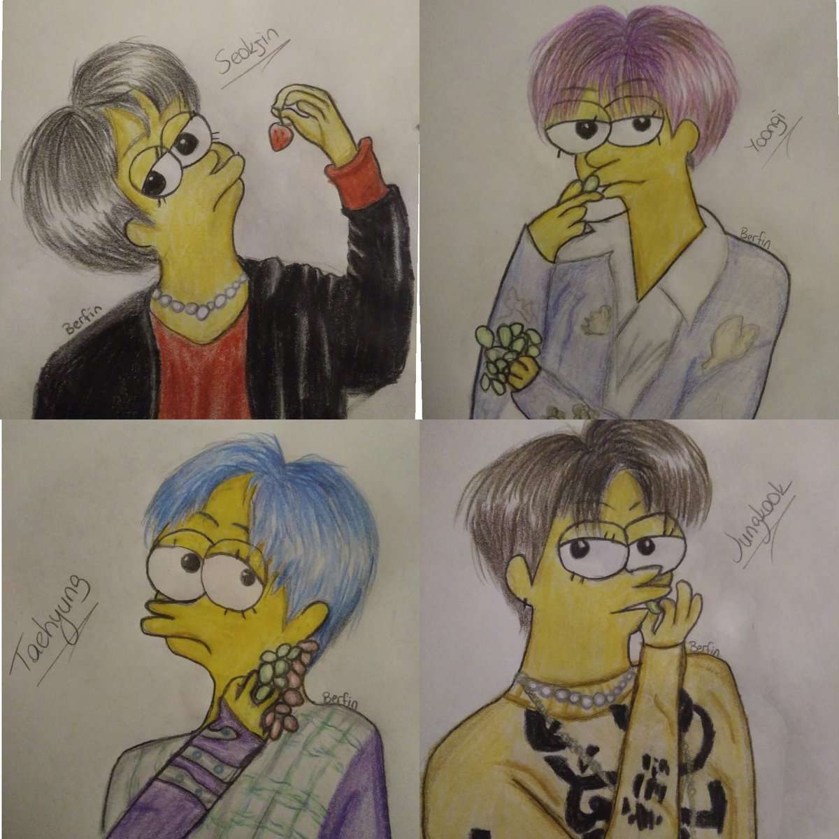 PoncikMorTae's tweet photo. I made all BTS members as Simpsons 😊✌🏻 they are not so good but here they are 🤭
Uzun zamandır yapmamıştım böyle şeyler çok da güzel olmadı ama neyse
#BTSSimpsons
#Taehyung #Yoongi #Namjoon #Jungkook #Hoseok #Jimin #Jin https://t.co/5M3E7TaGeJ