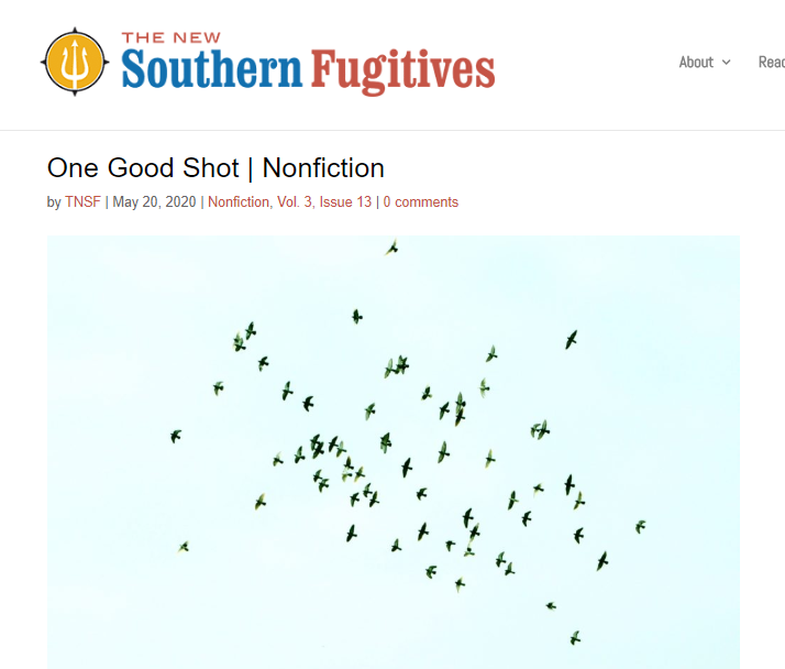 SFK_Multimedia's tweet photo. Check out "One Good Shot" by Frances J. Pearce in the latest issue of THE NEW SOUTHERN FUGITIVES!
https://t.co/e6zNg0A1JG
#onegoodshot #francesjpearce #nonfiction #thenewsouthernfugitives https://t.co/HNA4gxYxLr