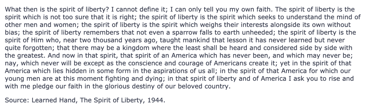 15/ I tried to explain why this would be undemocratic.This brings me to Learned Hand’s quotation: "The Spirit of Liberty is the spirit which is not too sure that it is right"(That really was his name)For the full context, see:  http://www.digitalhistory.uh.edu/disp_textbook.cfm?smtID=3&psid=1199