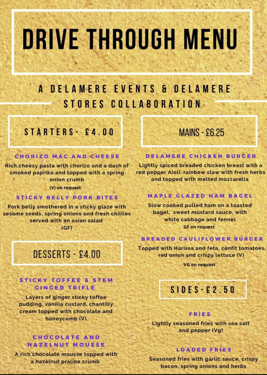 Delamereevents's tweet photo. New drive through menu for this Saturday! We did a family ticket every 5 mins for 4 hours last week out of our temporary kitchen and didn’t go down. So we changed the menu because we are dicks. 🙈🤷🏼‍♂️ https://t.co/MOc9nnOn1I