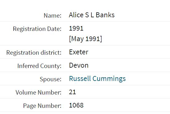 Alice Cummings the IDOX director appears on the electoral register in 2007 at an address in Pangbourne. So does a Russel Cummings. Possibly married. A quick check – yes, they were married in 1991 and her maiden name is Banks