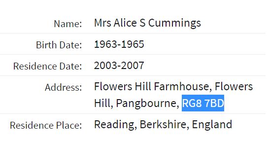 Alice Cummings the IDOX director appears on the electoral register in 2007 at an address in Pangbourne. So does a Russel Cummings. Possibly married. A quick check – yes, they were married in 1991 and her maiden name is Banks