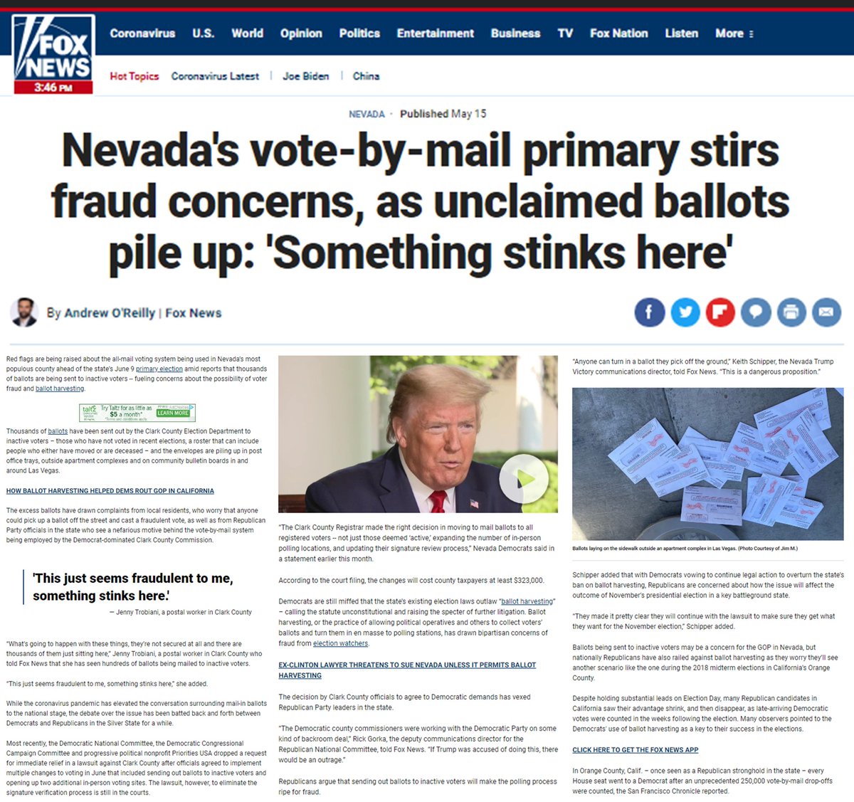 [22] Nevada's Vote By Mail Primary Fraught With Fraud. Blank & Completed Ballots Discovered on Street: "SOMETHING STINKS HERE" https://www.foxnews.com/politics/nevadas-vote-by-mail-primary-fraud-concerns2020 Presidential Primary ElectionQui Bono: DemocratsState: South Nevada