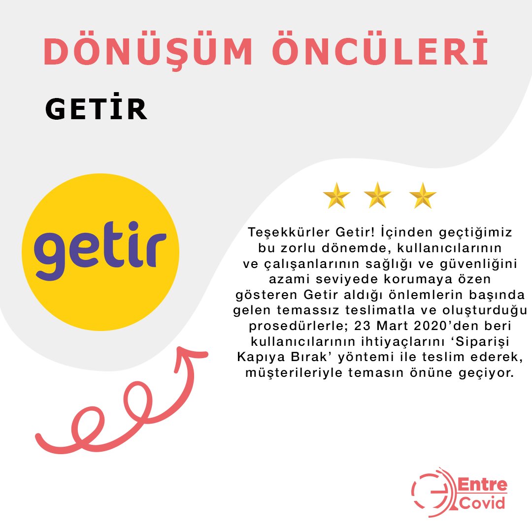 Teşekkürler Getir! İçinden geçtiğimiz bu zorlu dönemde, kullanıcılarının ve çalışanlarının sağlığı ve güvenliğini azami seviyede korumaya özen gösteren Getir aldığı önlemlerle ve oluşturduğu prosedürlerle müşterileriyle temasın önüne geçiyor. #dönüşümöncüleri