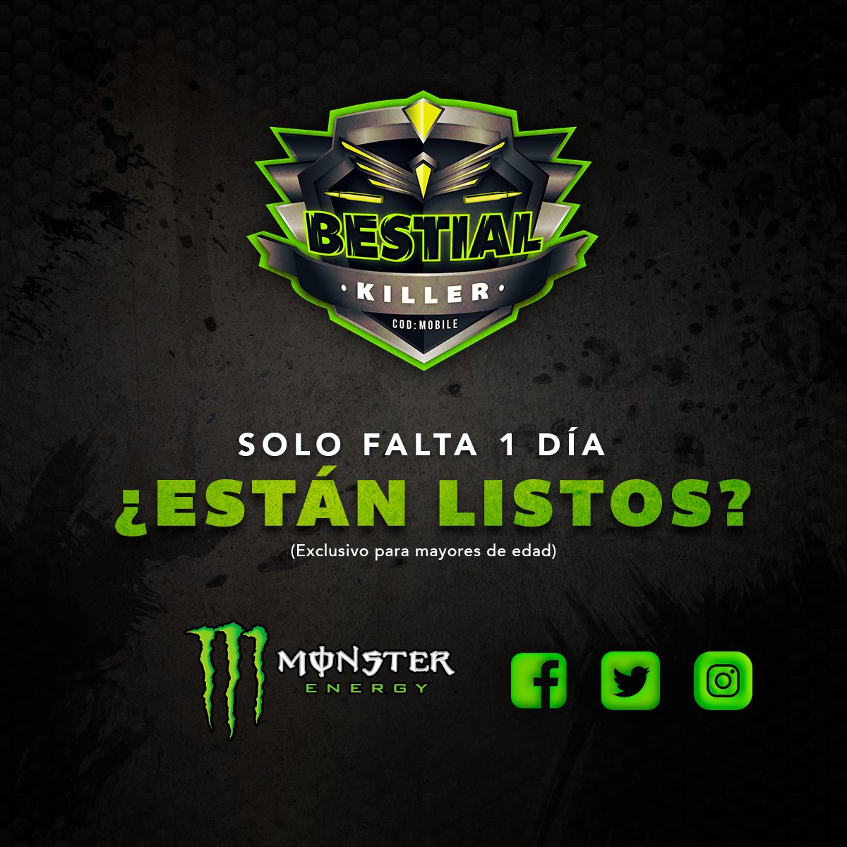 ¡Pendientes! 
Mañana podrás conocer todos los detalles detrás del torneo de Call Of Duty Mobile organizado por <a href="/MonsterEnergy/">Monster Energy</a>.
Sigue pendiente de nuestras redes sociales y descubre como ser el ganador de increíbles premios.