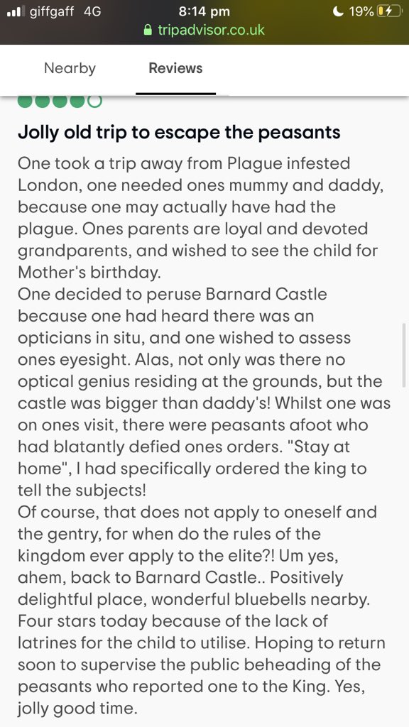 almost as if dominic wrote it himself! having a great time reading the trip advisor reviews of barnard castle would recommend #cumgate #cumsack #DominicCummngs #borisjohnsonisoverparty