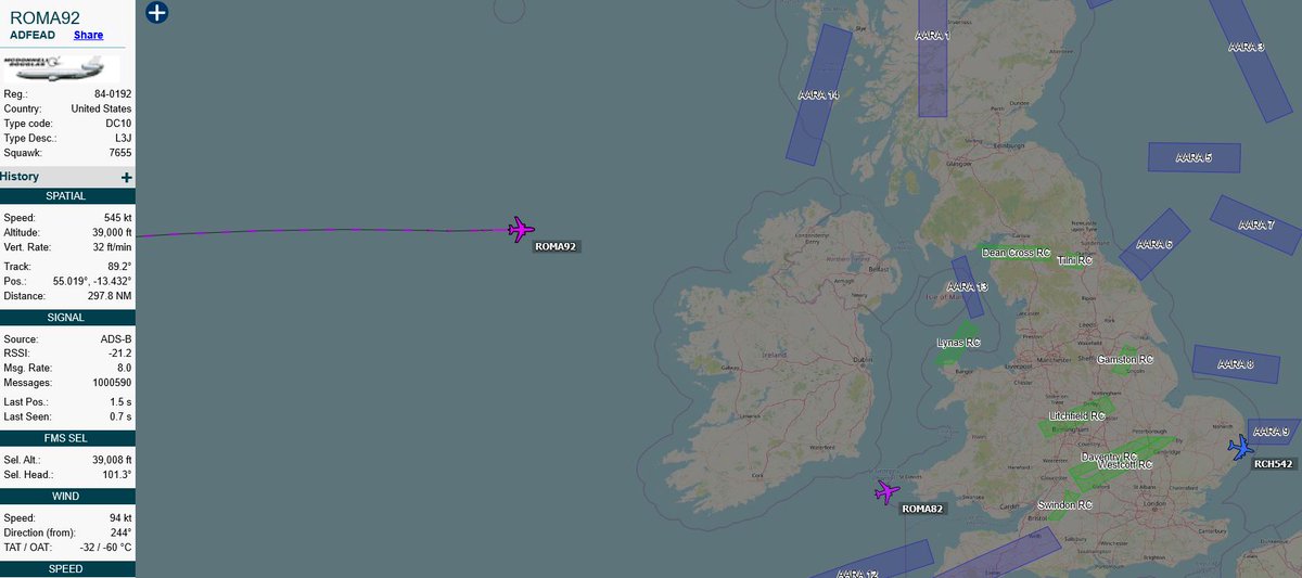 MilMonWorld's tweet photo. #MOVEMENT Two #USAF KC-10 air-to-air refuelling tankers approaching the UK possibly inbound RAF #Mildenhall showing on @ADSBexchange callsigns #ROMA82 and #ROMA92 #AvGeek #RadioGeek #MilMonWorld https://t.co/B7ewmlE4xi