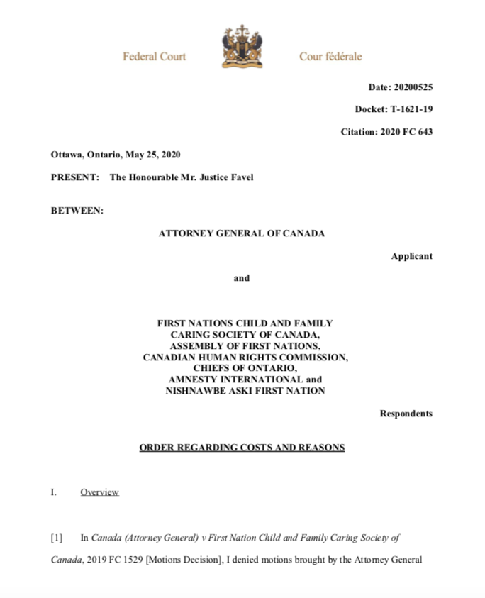 cblackst's tweet photo. Just released: Federal Court orders Canada to pay a portion of Caring Society legal costs relating to Canada's failed motion to stay (stop) the Tribunal's work on compensation.  Read the order here:  https://t.co/dIhGqD3YeV https://t.co/MqjcHRcn8X