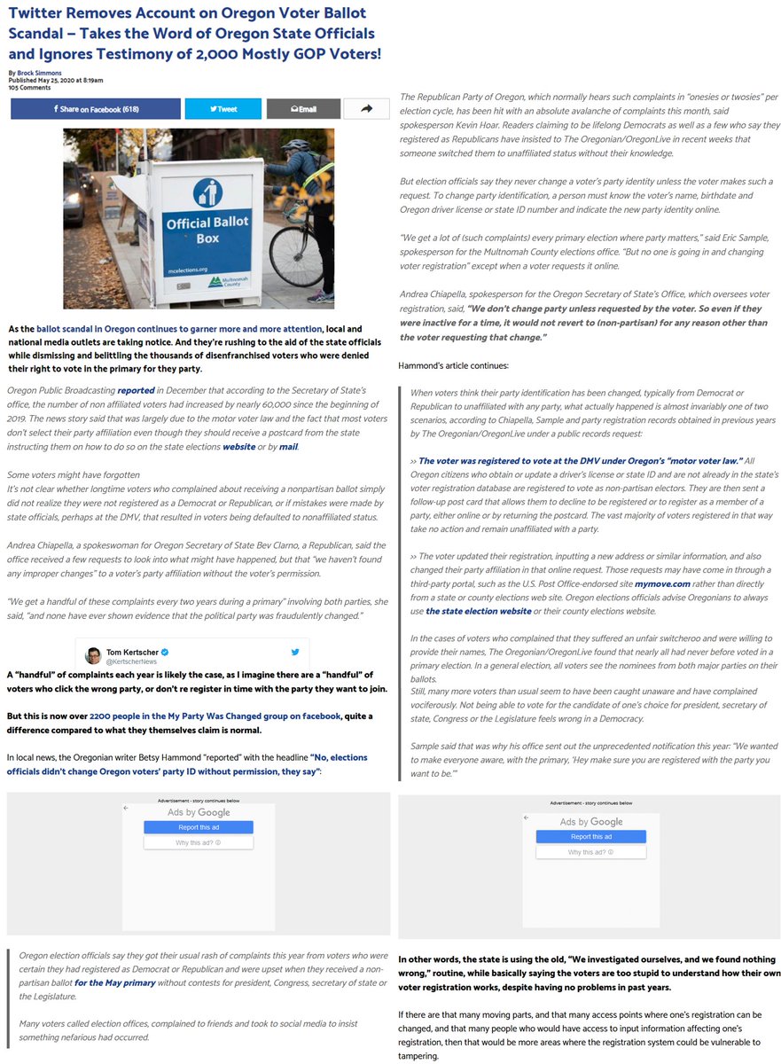 [23] Twitter Removes Account on Oregon Voter Ballot Scandal — Takes the Word of Oregon State Officials and Ignores Testimony of 2,000 Mostly GOP Voters!2020 Presidential Primary ElectionQui Bono: DemocratsState: Oregon https://www.thegatewaypundit.com/2020/05/twitter-removes-account-oregon-voter-ballot-scandal-taking-word-oregon-state-officials-ignoring-testimony-2000-mostly-gop-voters/