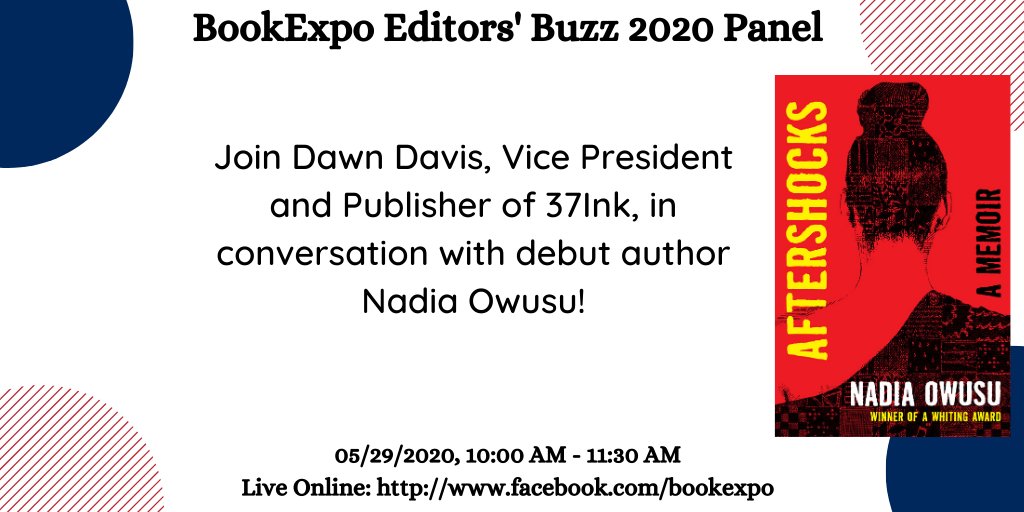 This Friday at 10AM, join Dawn Davis in conversation with AFTERSHOCKS author <a href="/NadiaOwusu1/">Nadia Owusu</a> at the 2020 <a href="/BookExpoAmerica/">BookExpo</a> Editor's Buzz Panel! Details: bit.ly/2LImcwR