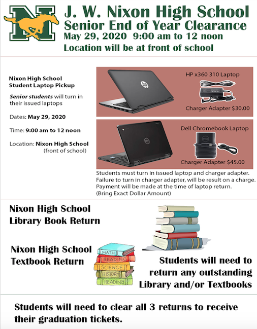 nixonLISD's tweet photo. Nixon Seniors, when you come by Friday May 29,2020, show your SCHOOL SPIRT by DECORATING the vehicle! Reminder, ALL LAPTOPS WITH CHARGERS, LIBRARY BOOKS AND TEXTBOOKS MUST BE TURNED IN BETWEEN 9:00 AM AND 12:00 PM. GRADUATIONS TICKETS WILL BE ISSUED AFTER YOU'VE BEEN CLEARED! https://t.co/kNbc1jOYAq
