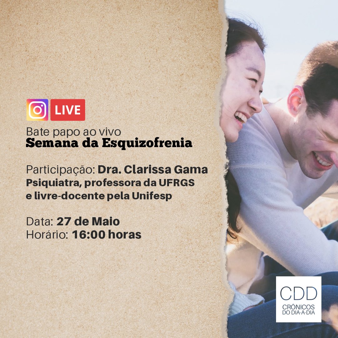 cddcronicos's tweet photo. Marque na agenda: dia 27, quarta, às 16h, teremos um bate papo ao vivo especial pelo Facebook com a Dra. Clarissa Gama, sobre a Semana da Esquizofrenia. Vem com a gente se conscientizar sobre essa causa? 
#InformaçãoÉOMelhorRemédio #SaúdeMental #Crônicos #Esquizofrenia https://t.co/PxX1m2RqAv