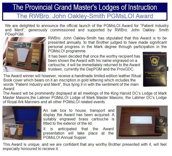 This is the new Mark Provincial Grand Masters Lodge of Instruction Award for Patient Industry &amp; Merit which was to be presented at our annual LOI supper but due to circumstances it has been decided to unveil this new award on all our social media platforms #HertsMark #HappyHerts
