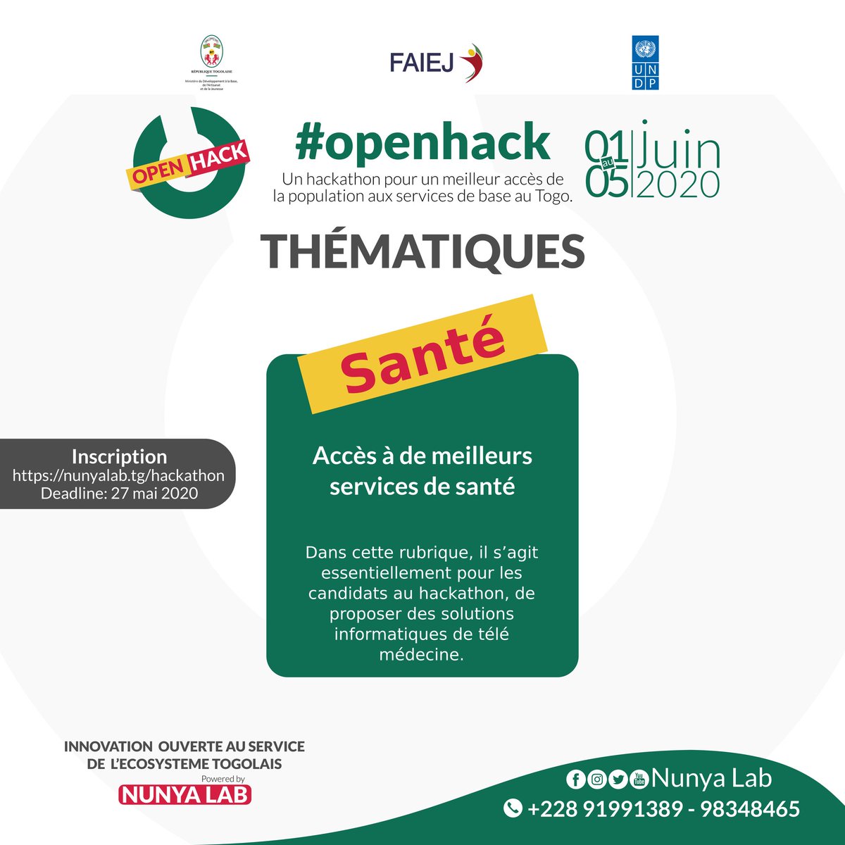 NunyaLab's tweet photo. Quelles sont les 3 thématiques de #OpenHack ?
Les détails sont sur ces 3 visuels.

Inscriptions ouvertes jusqu'au 27 mai 2020 via  https://t.co/OclKhxM8Dh

#PNUD #FAIEJ #MDBAJ #NunyaLab https://t.co/Sb9hu5baTO