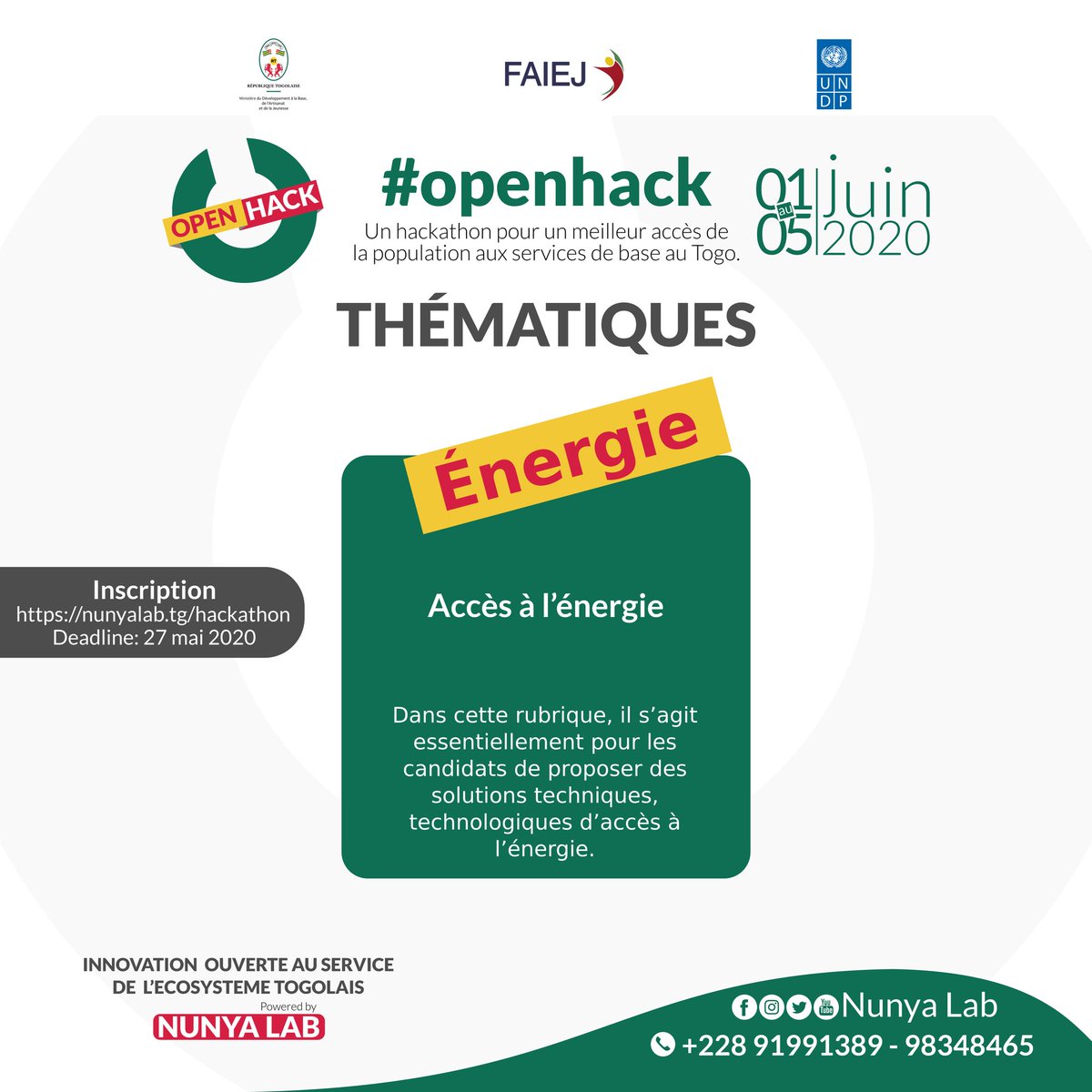 NunyaLab's tweet photo. Quelles sont les 3 thématiques de #OpenHack ?
Les détails sont sur ces 3 visuels.

Inscriptions ouvertes jusqu'au 27 mai 2020 via  https://t.co/OclKhxM8Dh

#PNUD #FAIEJ #MDBAJ #NunyaLab https://t.co/Sb9hu5baTO