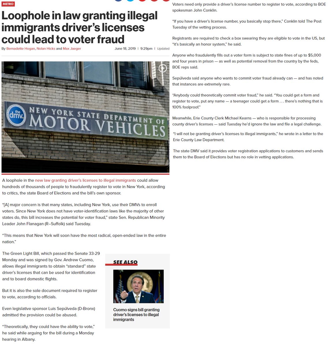 [25] Loophole in NY Law Granting Illegal Immigrants DL's Could Lead To Voter Fraud.2020 Presidential ElectionQui Bono: DemocratsState: New YorkWith Skewed-VOTE, TREASON & PLANDEMIC in full swing - do you really think [D's] will get away with it? https://nypost.com/2019/06/18/law-granting-illegal-immigrants-drivers-licenses-could-lead-to-voter-fraud/