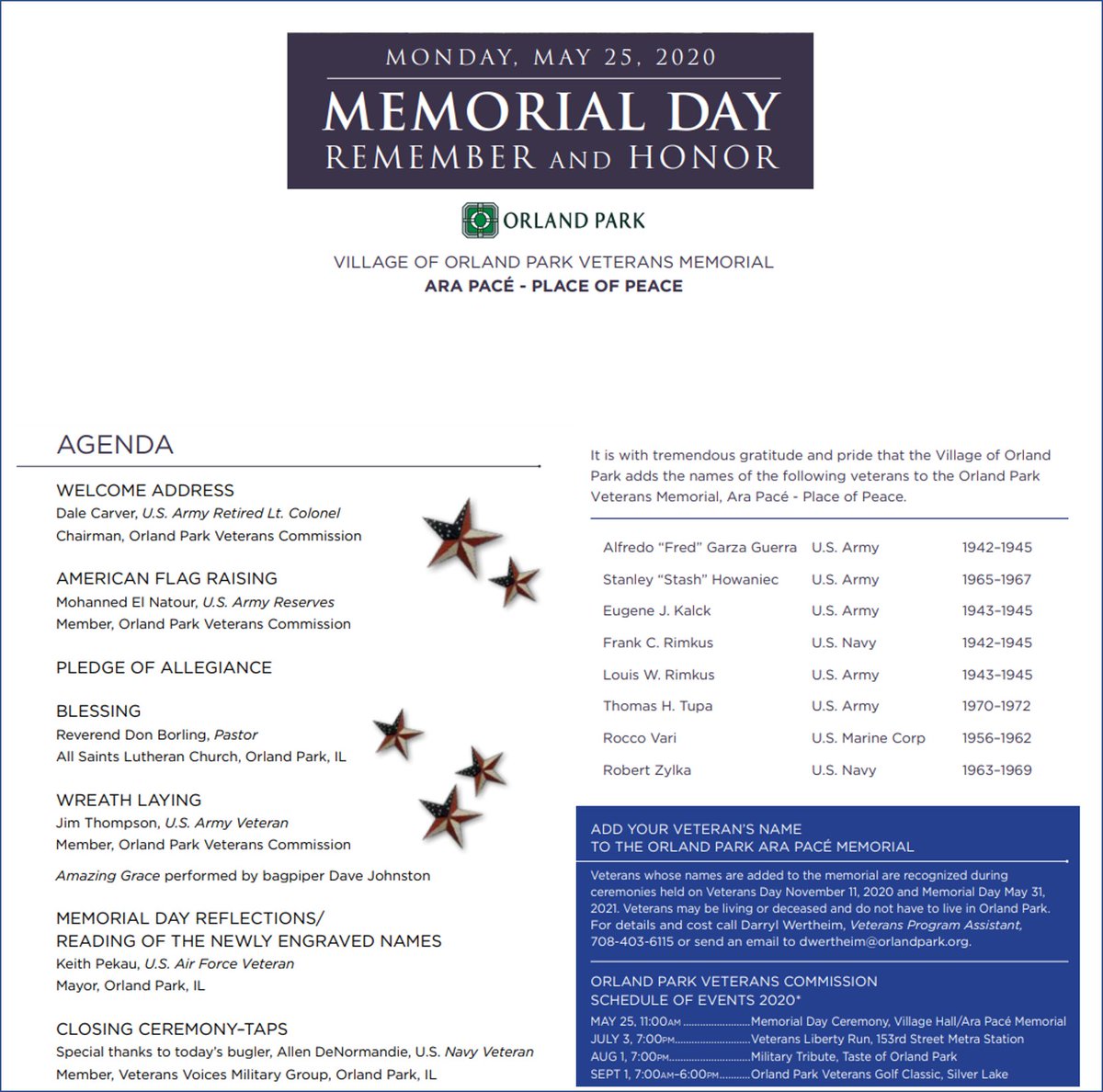 Tune in now to watch the Memorial Day Ceremony! 

Watch the raising of the US flag, wreath laying, blessing, reading of the newly engraved names, and a performance of Amazing Grace, and taps. 

YouTube.com/user/villageof…