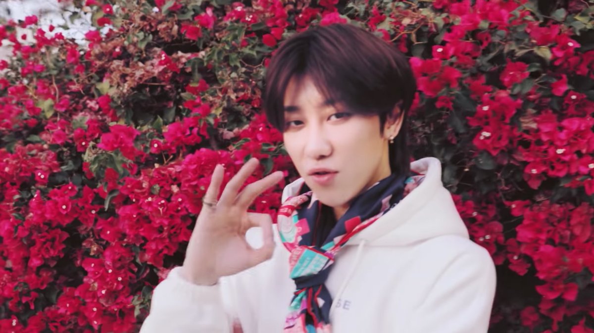 red mostly matched with outfit, usually paired with black, beige, or blue. minghao's white outfit works an accent here, but in the big picture it matches the wall that the red flowers grew so the colour composition is balanced.